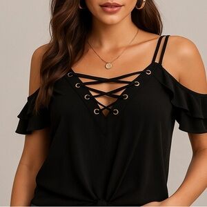 Express flowy chiffon flutter sleeve lace up cold shoulder top ❤️